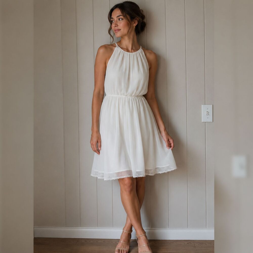 A. Byer Ivory Halter Fit & Flare Dress Lace Hem Sleeveless Mini Dress Small NWOT